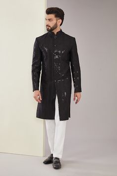 Black sherwani with thread, sequin embroidery in diamond pattern. - Aza Fashions Black Sherwani, Sherwani For Men, Sequin Embroidery, Black Thread, Sequins Embroidery, Silk Embroidery, Full Sleeves, Mandarin Collar, Black Silk