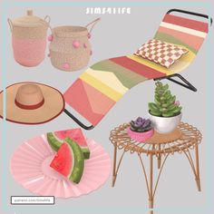 a collage of different items including a chair, table and potted plant