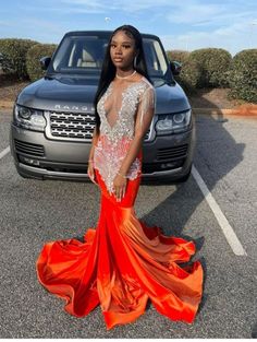 Shimmery Orange Prom Dress, Evening Dress, Prom Dress, Wedding Orange Prom Outfits For Couples, Orange Prom Dress Black Couple, Prom Cars Ideas, Orange Prom Couple, Prom Ideas Black Couples, Prom Couples Black People, Black Couple Prom, Prom Black Couples, Couples Prom Outfits