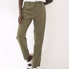 New With Tags Allie Utility Trousers In Olive Green. Size 4. Spring Stretch Cargo Pants, Stretch Work Pants With Pockets For Summer, Summer Casual High-waisted Work Pants, Casual High-waisted Summer Work Pants, Summer Utility Bottoms With Tapered Leg, Summer Khaki Tapered Leg Cargo Pants, Spring Cargo Style Bottoms For Day Out, Fitted Cargo Style Ankle-length Bottoms, Spring Non-stretch Cargo Pants