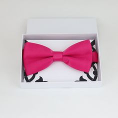 Bow Color: Hot pink Bow size: 5 inches (width) and 2.5 inches (height) Neck Size(Adjustable) : 11’’ – 19’’ Box Size: 5.5" X 4" The color of Note Card Paper: White (custom order accepted) Email Us For Further Customization Options & Details! We're Happy To Help Elegant Pink Bow For Gift, Classic Red Bow Tie For Gift, Classic Satin Bow Tie For Gift, Classic Satin Bow Tie As A Gift, Adjustable Pink Bow Tie For Black Tie Events, Pink Bow With Bow Tie Back For Wedding, Pink Formal Bow With Bow Tie Back, Classic Satin Bow For Gifts, Pink Satin Bow Tie For Wedding