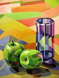 an oil painting of two apples and a can on a colorful ground with geometric shapes