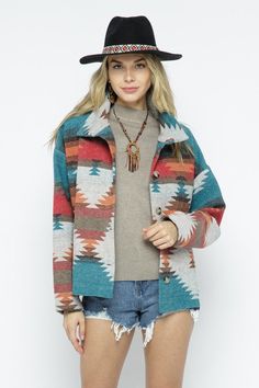 We love the super soft fabric and thoughtful details on this jacket. Antonia Aztec Pattern Jacket Light weight Front pockets and large buttons 100% Polyester We suggest you size down Mountain Clothes, Aztec Jacket, Aztec Blanket, Comfy Jackets, Pattern Jacket, Teal Orange, Aztec Pattern, Cool Jackets, Boho Look