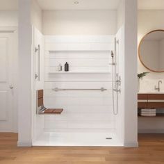 a bathroom with white walls and wooden floors