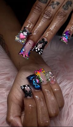 @touchedbyjaylarose on ig did this set🎀😘 Junk Nails Bling Long, Short Junk Nail, 20 Birthday Nails, Junk Nails Bling Medium, Junk Nails Bling Duck Short, Short Junk Nails Blue, Short Bling Acrylic Nails, Vintage Nails