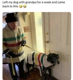 an old man is walking his dog on a leash and wearing a sweater with stripes