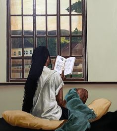 a painting of a woman sitting on a bed reading a book and looking out the window