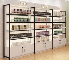 an empty store with many products displayed on shelves