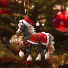 a christmas ornament with a horse wearing a santa hat on it's back