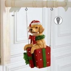 a dog hanging from a door with a christmas present