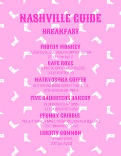 the nashville guide breakfast menu is shown in pink and white