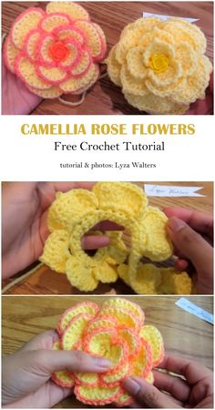 crochet flowers are shown in three different pictures and the text reads camellia rose flowers free crochet pattern