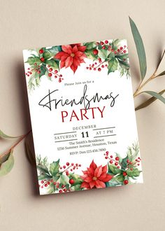 a christmas party card with poinsettis and holly