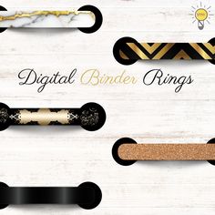 four different types of decorative binders on a white wooden background with text that reads, digital binder rings