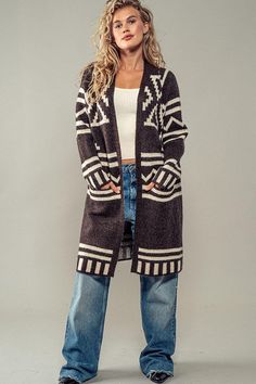 Oversized fit Pockets  No closure  One size Bohemian Knit Sweater Coat For Fall, Bohemian Jacquard Knit Outerwear For Fall, Bohemian Black Knit Outerwear, Black Bohemian Knit Outerwear, Oversized Bohemian Cardigan For Layering, Bohemian Jacquard Knit Sweater, Black Bohemian Sweater Coat For Fall, Bohemian Knit Sweater Coat, Bohemian Knit Sweater Coat For Winter