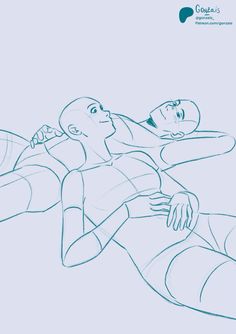 a drawing of two people laying on their stomachs and looking up at the sky