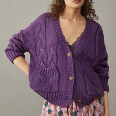 Size S Purple Anthropologie Consuela Cable-Knit Cardigan By Callahan. This Oversized Cozy Layer Brings Texture And Charm To All Your Cool-Weather Looks. La-Based Callahan's Cozy Knits Are Effortlessly Chic With Unique Use Of Texture And A Laidback Vibe. Nwt. - 90% Acrylic, 10% Polyester - Front Patch Pocket - Button Front - Hand Wash Dimensions - 22.5"L - Runs A Little Large Purple V-neck Fall Cardigan, Relaxed Fit Knitted Cardigan, Casual Purple Soft Knit Cardigan, Cozy Soft Knit Daywear Sweater, Fall Daywear Knit Cardigan, Relaxed Fit Knit Sweater For Daywear, Purple Knitted V-neck Cardigan, Purple V-neck Knitted Cardigan, Casual Purple Knitted Cardigan