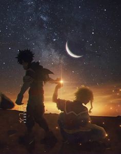 two people standing on top of a dirt field under a sky filled with stars and the moon