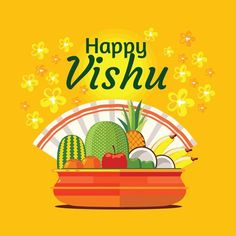 a basket filled with fruit on top of a yellow background that says happy visshu