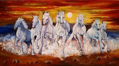 a painting of five white horses running on the beach at sunset with an orange sky in the background