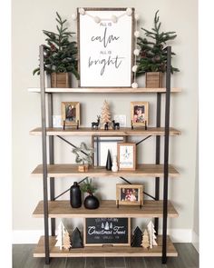 a shelf with christmas decorations and pictures on it