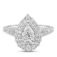 a pear shaped diamond ring with double halos