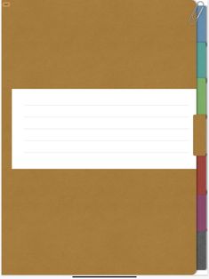 a brown folder with three different colored papers on top and one white paper in the middle