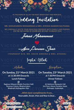 an event poster with flowers and hearts on the front, in navy blue background that says wedding