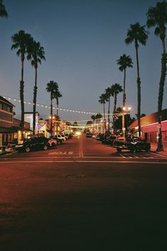 the street is lined with palm trees and parked cars at night in front of shops