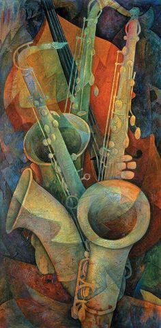 a painting of a saxophone and other musical instruments