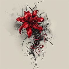 Artistic Red Spider Lily Tattoo Sketches Flower Sleeve Tattoo For Men, Red And Blue Spider Lily Tattoo, Spider Lily Tattoo Men, Black And Red Flower Tattoo, Red Spider Lily Tattoo Design, Black And Red Tattoo Design, Tattoo Ideas Red Ink, Red Black Tattoo, Spider Lillies