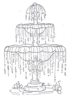 a drawing of a three tiered fountain with drops of water on the top and bottom