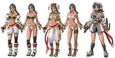 four different poses of an anime character with long hair and boots, all wearing headgear