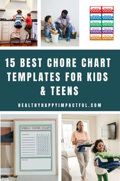 Children doing chores with parents and various chore chart templates. Text reads: "15 Best Chore Chart Templates for Kids & Teens" at healthyhappyimpactful.com. Chore Chart 5 Year, Chores By Age Charts For Kids, Chore Charts For Teenagers, Teenage Chores, Diy Chore Charts, Chore Chart By Age, Chore Chart Ideas, Free Chore Chart, Kids Charts