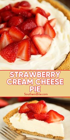 strawberry cream cheese pie on a plate with a fork and text overlay that reads, strawberry cream cheese pie