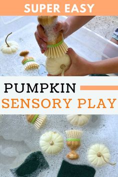 pumpkin washing sensory bin, fall sensory bin Washing Pumpkins, Pumpkin Activities, Easy Toddler Activities, Fall Activity, Halloween Games For Kids, Toddler Sensory