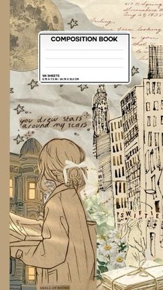 an illustration of a girl looking at the city from her book composition book, written in japanese and english