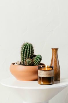 a potted cactus next to a candle on a white table with a brown vase