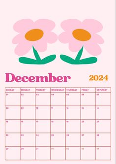 a calendar with two pink flowers on the front and one green flower on the back