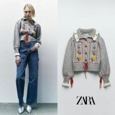 Collared Cardigan With Long Sleeves And Tied Cuffs. Contrast Floral Embroidery Detail. Front Fastening With Covered Buttons And Adjustable Drawstrings. Hot Pink Cardigan, Half Sleeve Sweater, Textured Knit Cardigan, Collared Cardigan, Zara Sweatshirt, Unique Sweaters, Knitting Women Cardigan, Long Knit Cardigan, Cropped Knit Sweater