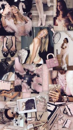 a collage of photos with pink and white accessories