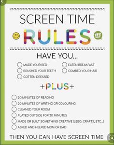 the screen time rules poster for kids to use on their computer or in other rooms