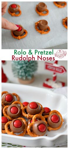 pretzel rudolph nose cookies on a white plate