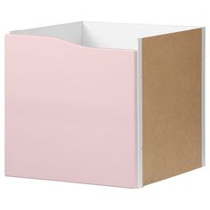 a pink and white box with a brown paper inside the bottom half is shown on a white background