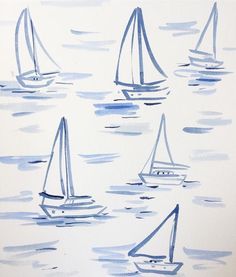 four sailboats floating in the water on a white background with blue ink drawing style