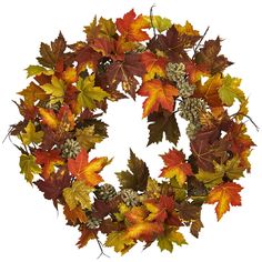 a wreath with autumn leaves and pine cones