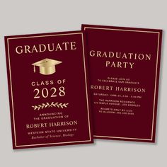 two red graduation party cards with gold lettering