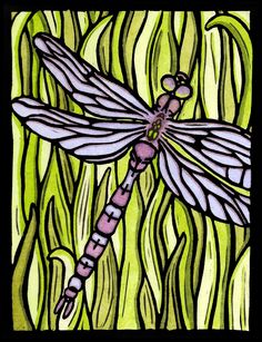 a drawing of a dragonfly sitting on top of green grass in front of a black frame