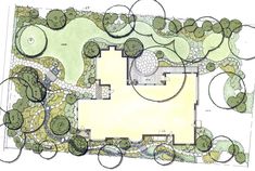 a drawing of a garden with lots of trees and plants around it, including an area that has been designed to look like a house