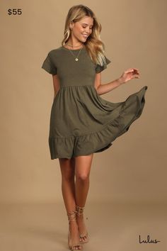 You'll be looking beyond precious in the Lulus Sweetest Style Olive Green Tiered Babydoll Dress! Lightweight stretch knit creates this super comfy dress with a crew neckline, short fluttery sleeves, and a relaxed bodice. A loosely-fitted waist tops the ruffle-trimmed mini skirt (with side seam pockets) that finishes off the babydoll silhouette. Pull-on design. Fit: This garment fits true to size. Length: Mid-thigh. Size medium measures 34.5" from shoulder to hem. Bust: Great for any cup size. Wa Casual Summer Party Outfit, Cute Dresses Casual, Tiered Babydoll Dress, Engagement Party Dresses, Summer Party Outfit, Work Fits, Tiered Mini Skirt, Dress Knit, Comfy Dress